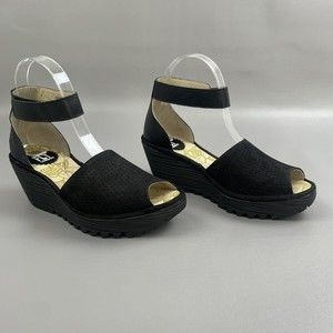 Fly London Yake Perforated Wedge Sandal Black Peep Toe Women's 37 (US 6.5-7)
